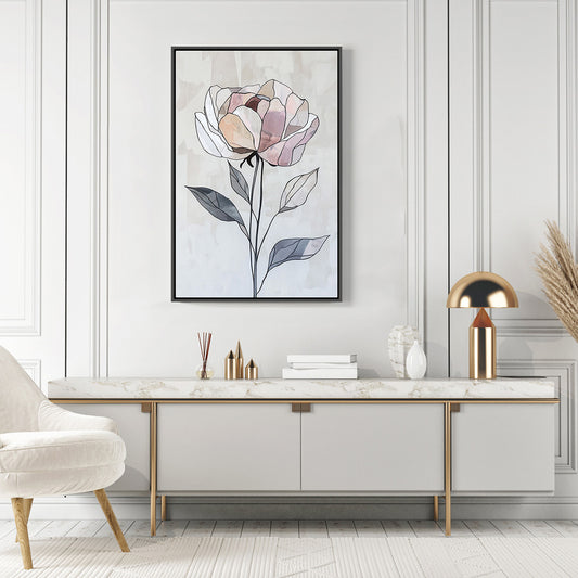 Çizgisel Pembe Gül - Kalın Metal Çerçeveli Kanvas Tablo
