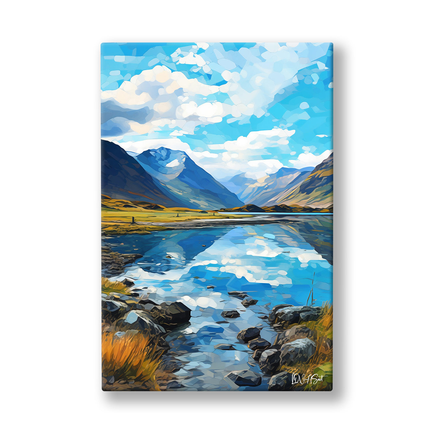 Dağ Gölü Yansıması kanvas tablo — Taşlı kıyıdan uzanan gölde mavi dağların ve beyaz bulutların yansıması.