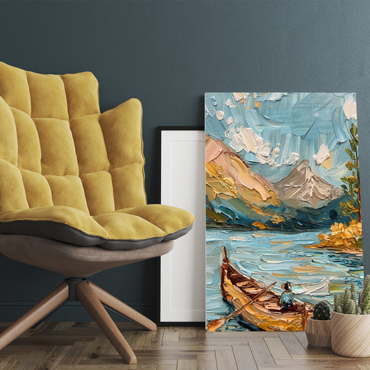 Dağ Gölünde Kayık kanvas tablo — iç mekân uygulama örneği