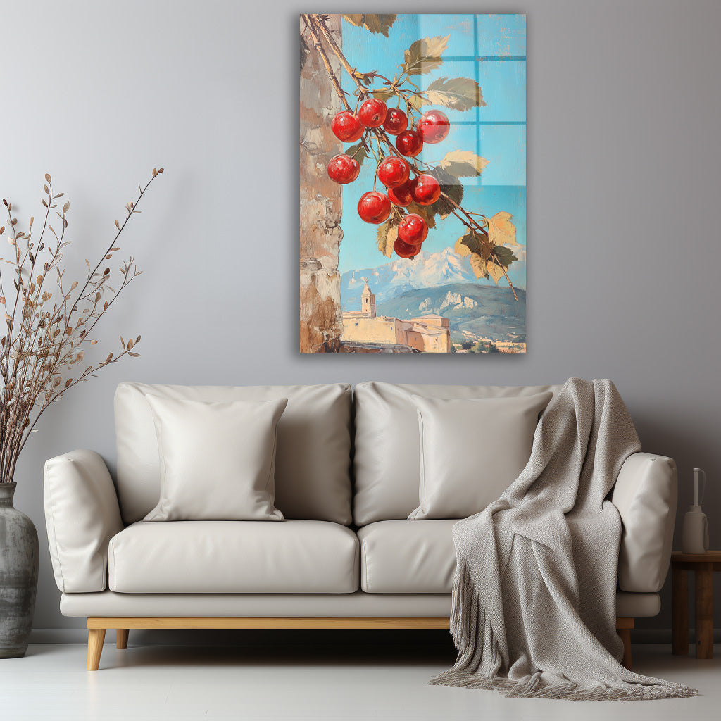 Dağ Manzaralı Kırmızı Meyveler cam tablo — iç mekân uygulama örneği