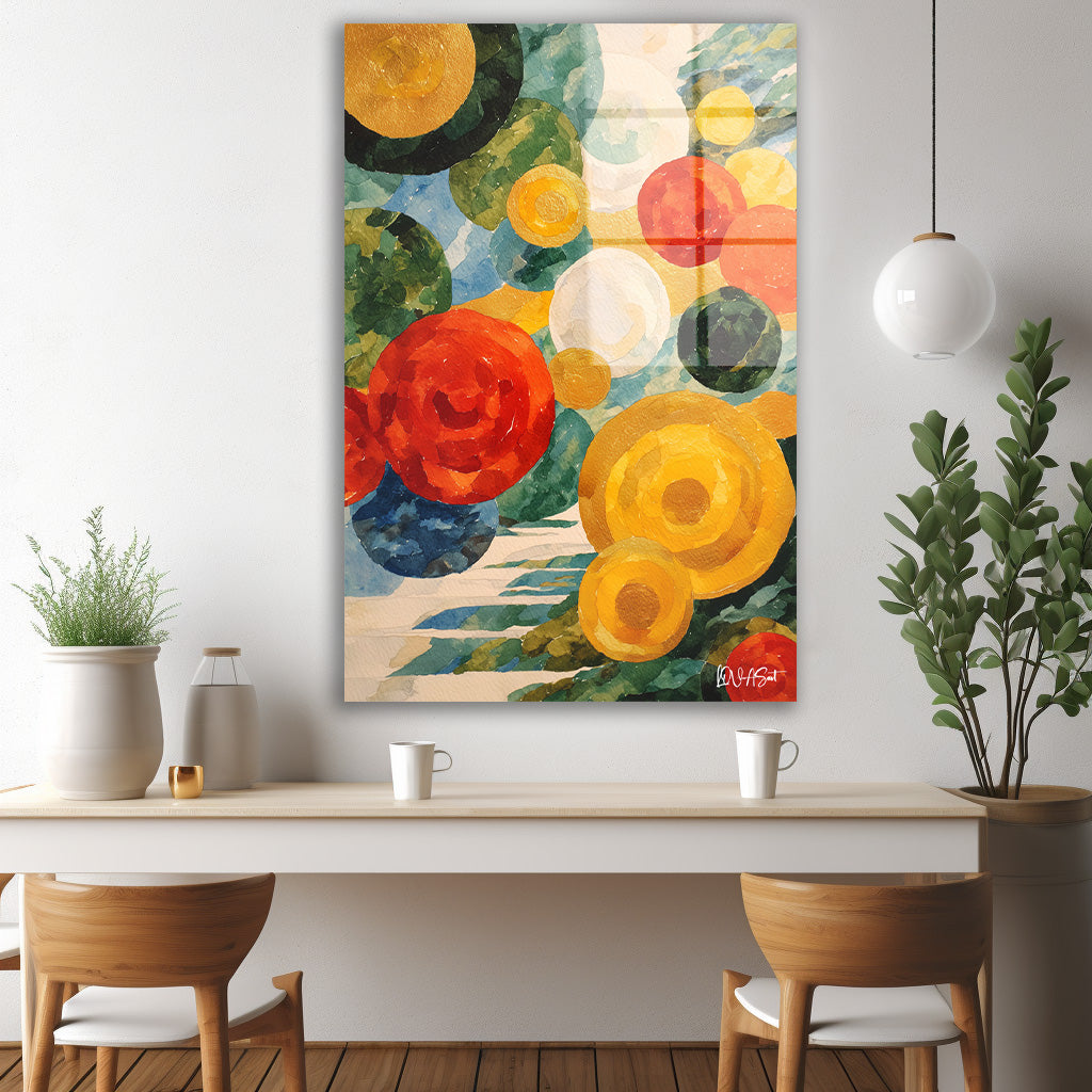 Daireli Çiçekler cam tablo — iç mekân uygulama örneği