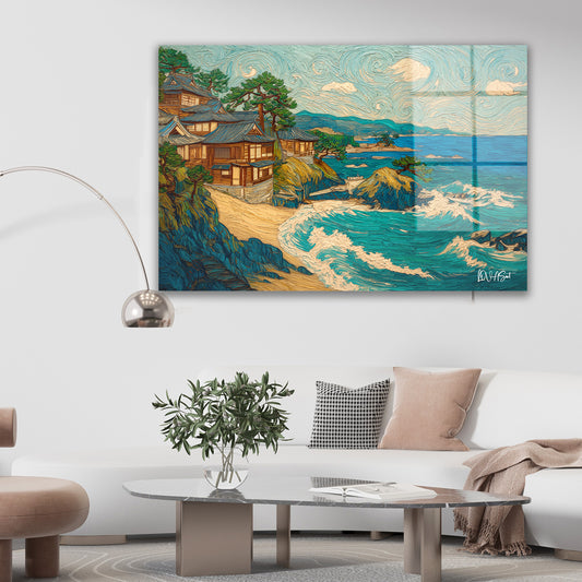 Dalgalı Kıyı Evi cam tablo — duvarda dekorasyon görünümü