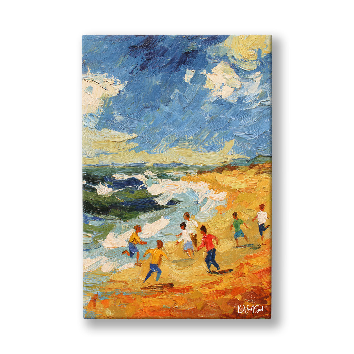Dalgalı Kıyıda Çocuklar kanvas tablo — Sarı kumsalda koşuşturan çocuklar, kırılan dalgaların hemen önünde oynuyor.