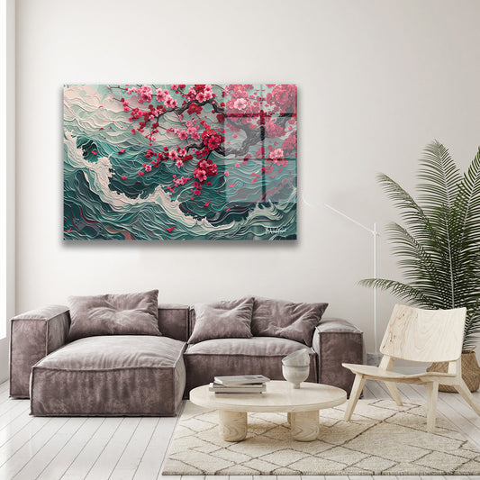 Dalgalı Sakura cam tablo — farklı açıdan görünüm
