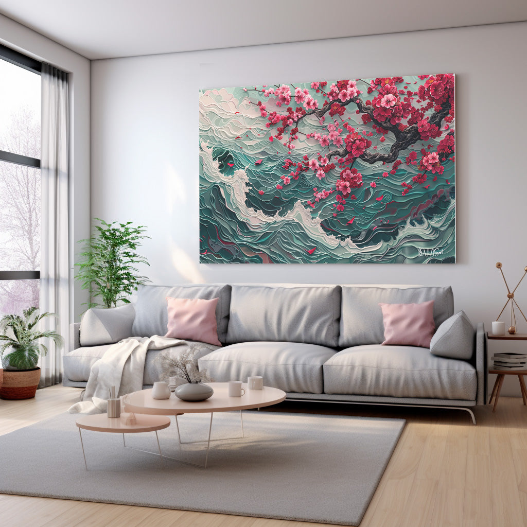 Dalgalı Sakura kanvas tablo — duvarda dekorasyon görünümü