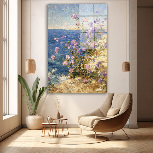 Deniz Kıyısı Çiçekleri cam tablo — duvarda dekorasyon görünümü