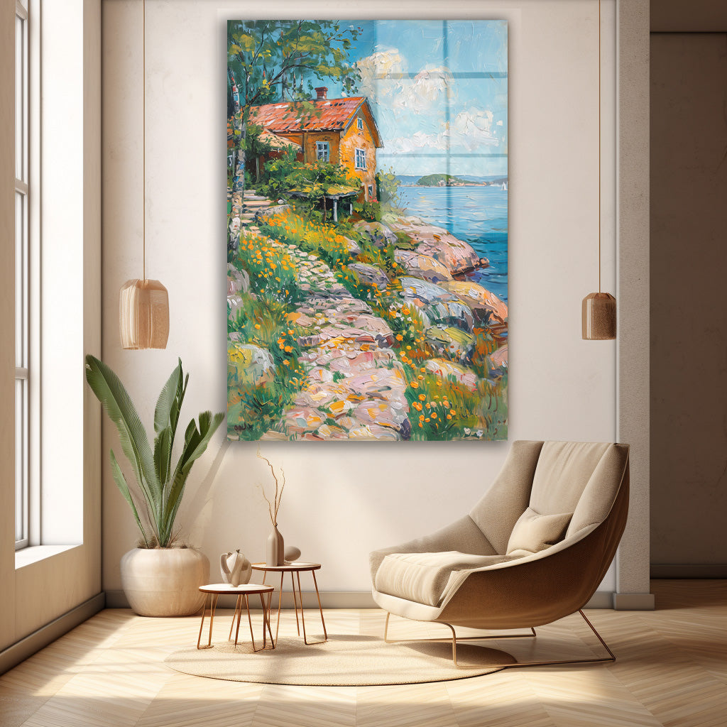 Deniz Kıyısı Yolu cam tablo — duvarda dekorasyon görünümü