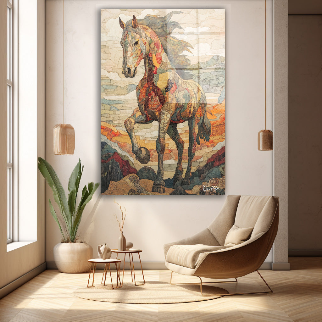 Desenli At cam tablo — duvarda dekorasyon görünümü