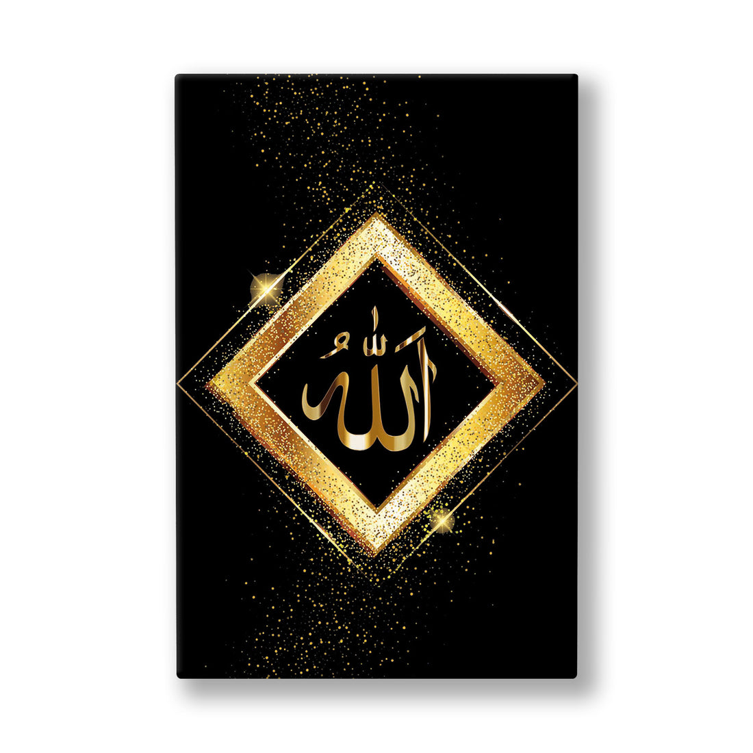 Elmas Çerçeveli Allah Lafzı kanvas tablo — Altın tozlarıyla bezenmiş siyah bir zeminde, baklava biçimli çerçeve içinde duran Allah lafzı.