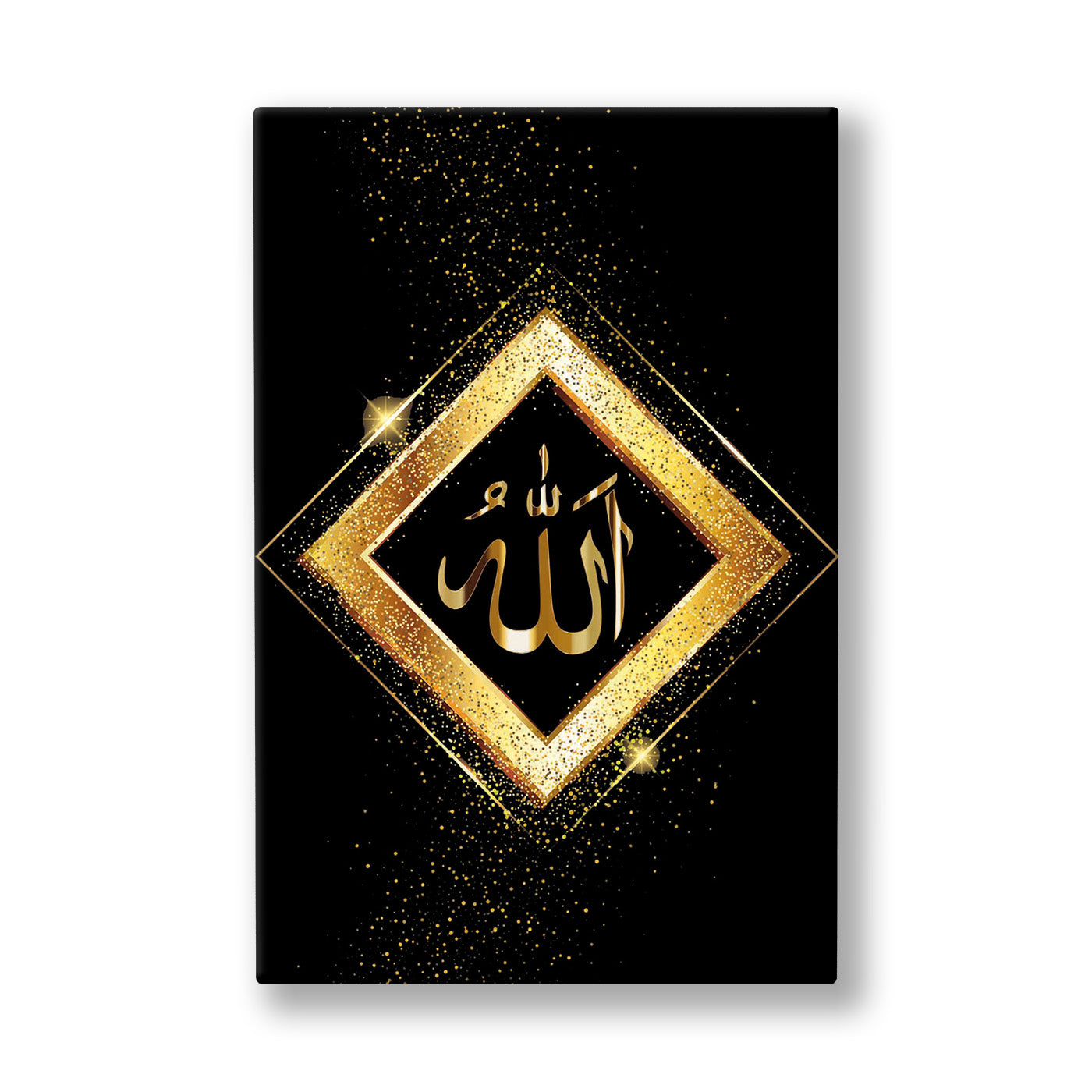 Elmas Çerçeveli Allah Lafzı kanvas tablo — Altın tozlarıyla bezenmiş siyah bir zeminde, baklava biçimli çerçeve içinde duran Allah lafzı.
