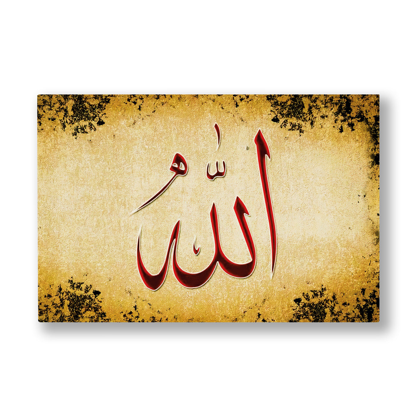 Eskitme Zeminde Allah Lafzı kanvas tablo — Sarıya çalan eskitme bir zemin üzerinde, koyu kırmızı mürekkeple yazılmış iri Allah lafzı.