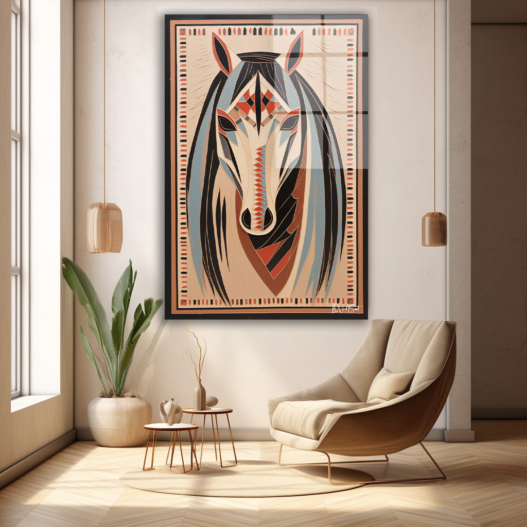 Etnik Desenli At cam tablo — duvarda dekorasyon görünümü
