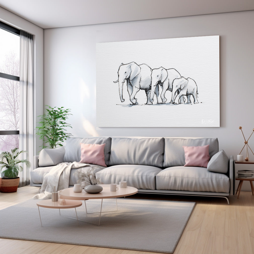 Fil Ailesi Çizimi kanvas tablo — duvarda dekorasyon görünümü