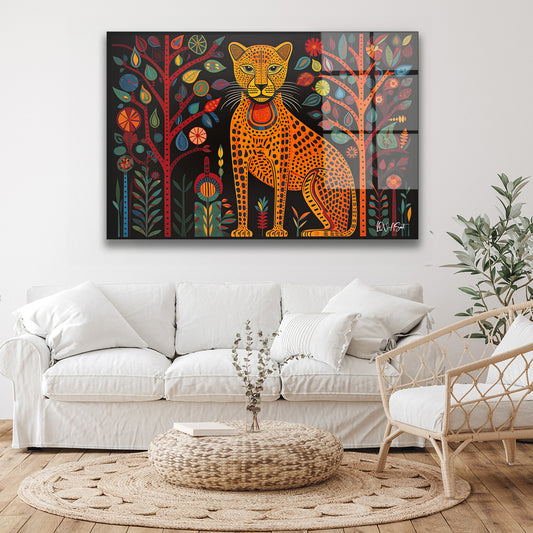 Folklorik Leopar cam tablo — duvarda dekorasyon görünümü