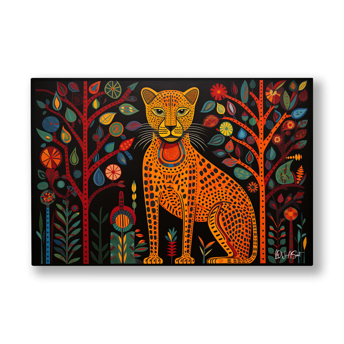 Folklorik Leopar kanvas tablo — Siyah gecede renkli ağaçların arasında duran turuncu benekli leopar.
