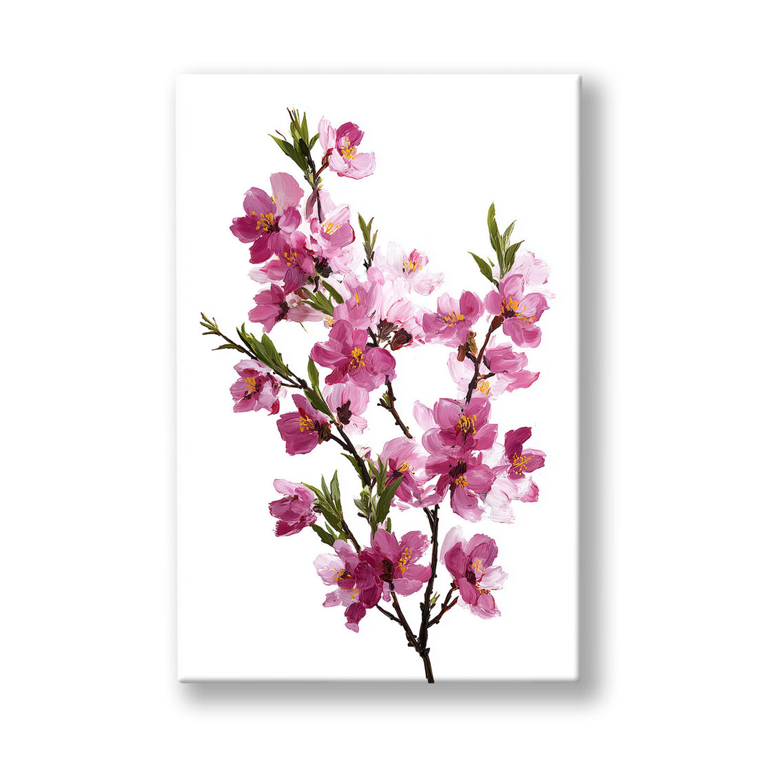 Fuşya Bahar Dalı kanvas tablo — Bembeyaz boşlukta ince bir daldan sarkan pembe bahar çiçekleri.