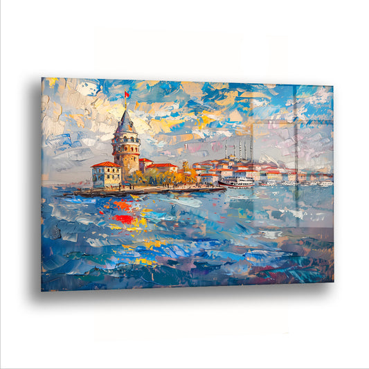Galata Kulesi Manzarası cam tablo — Suyun ortasındaki tarihi kule, İstanbul siluetinin önünde duruyor.