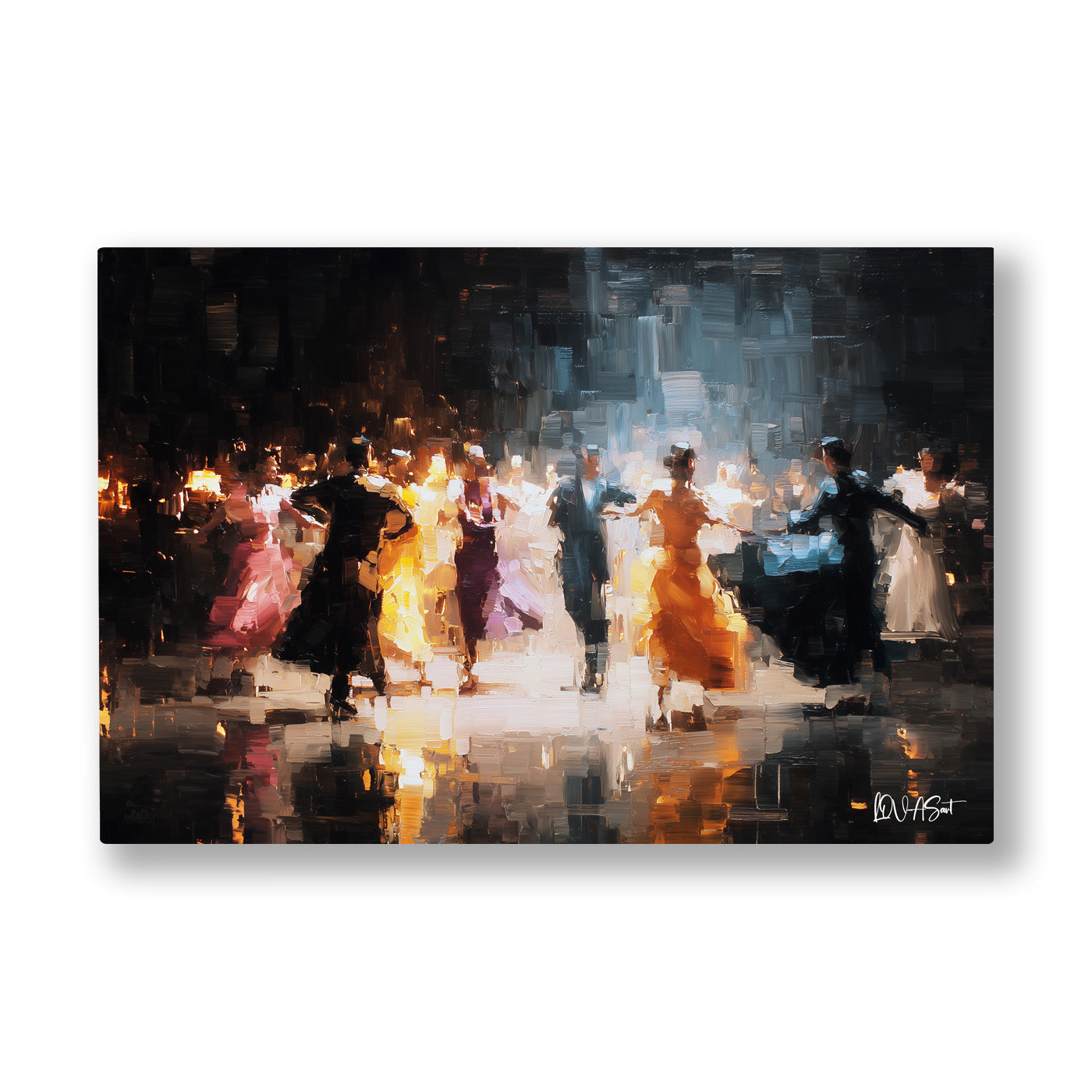Gece Dansçıları kanvas tablo — Gece sokağının ışıkları altında dönerek dans eden neşeli çiftler.