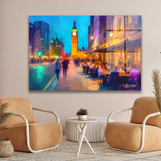 Gece Londra cam tablo — duvarda dekorasyon görünümü