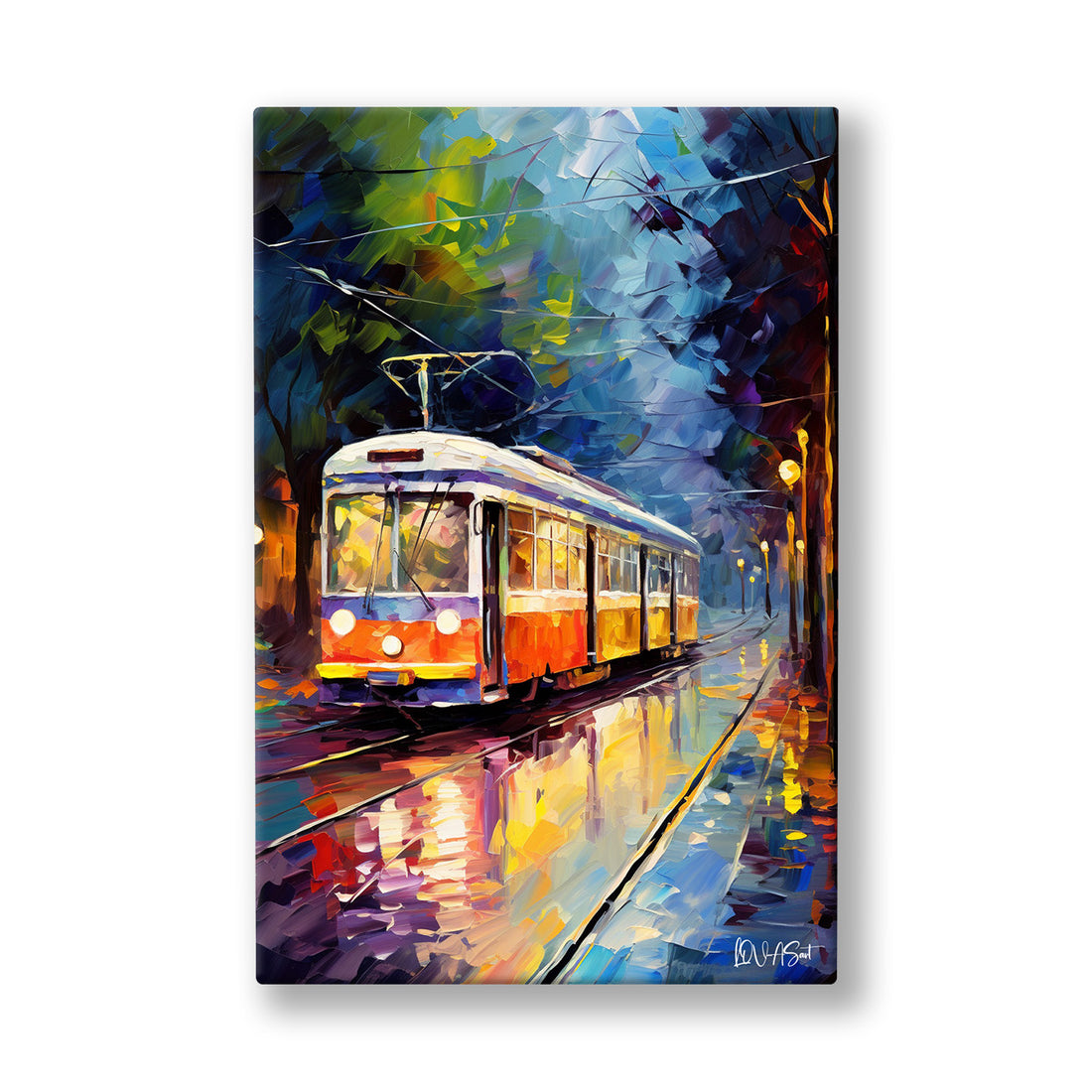 Gece Tramvayı 2 kanvas tablo — Gece raylarında ışıklarını yakmış kırmızı beyaz bir tramvay.