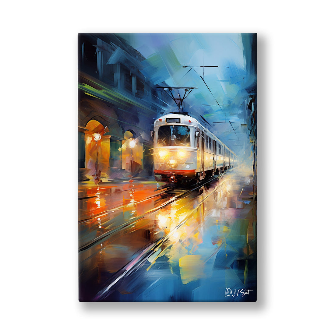 Gece Tramvayı 3 kanvas tablo — Mavi bir gece caddesinde ağır ağır yaklaşan aydınlık tramvay.