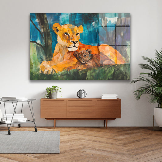 Geometrik Aslan Ailesi cam tablo — iç mekân uygulama örneği