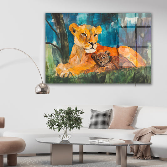 Geometrik Aslan Ailesi cam tablo — farklı açıdan görünüm