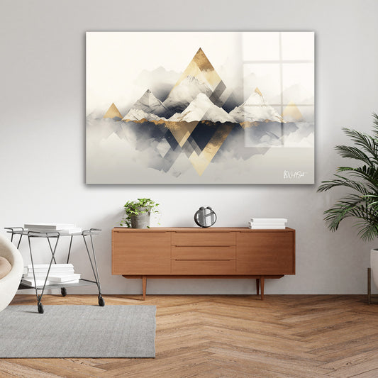 Geometrik Dağlar cam tablo — iç mekân uygulama örneği