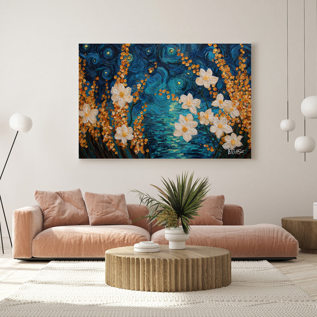 Girdaplı Beyaz Çiçekler kanvas tablo — farklı açıdan görünüm