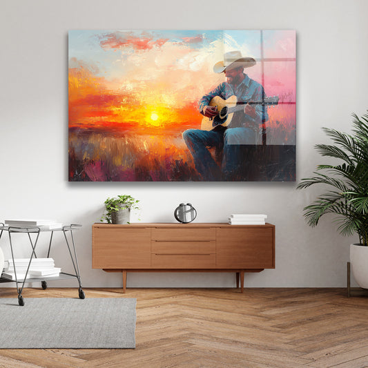 Gitar Çalan Adam cam tablo — iç mekân uygulama örneği