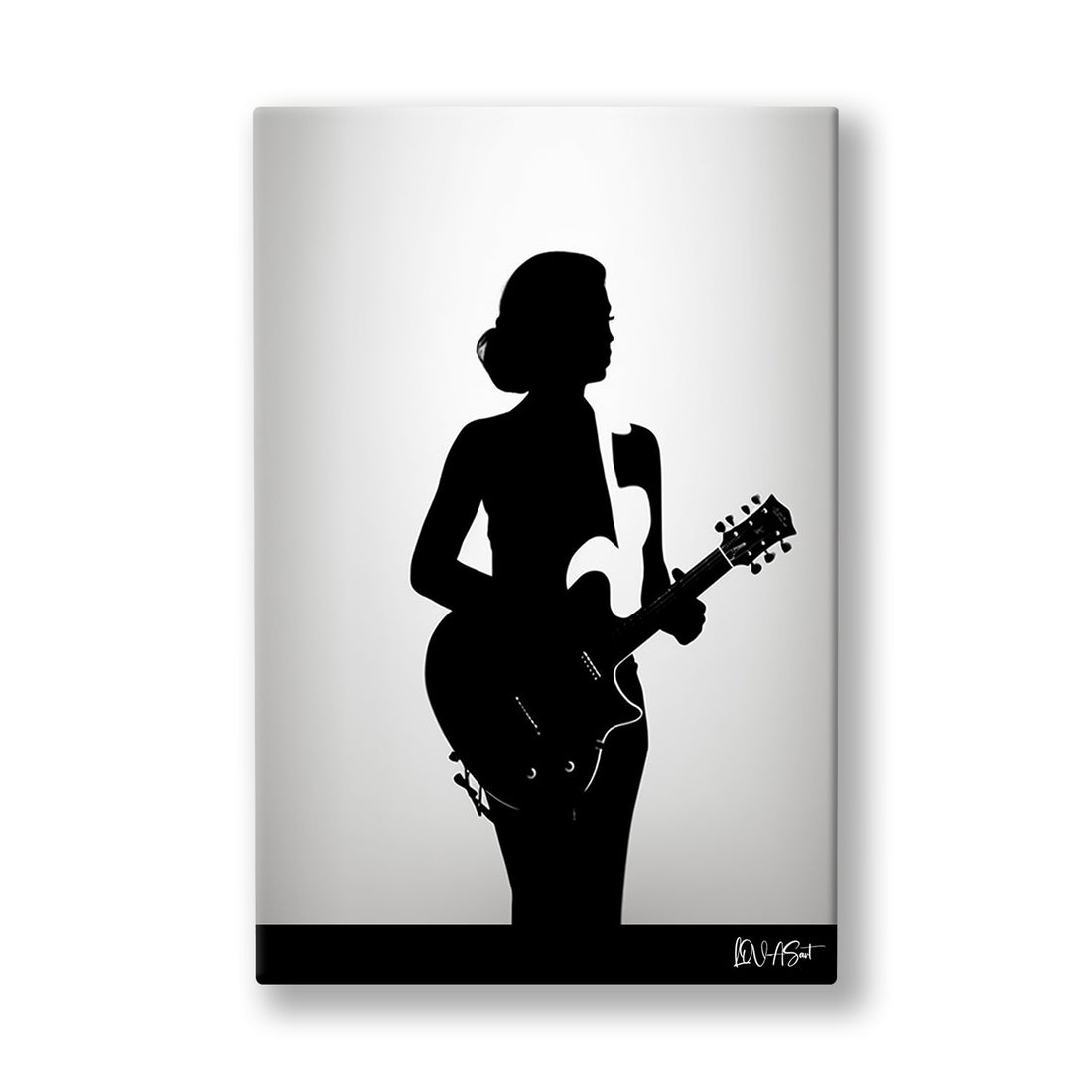 Gitarist Silueti kanvas tablo — Beyaz zeminde gitarını çalan bir kadının siyah silueti yükseliyor.
