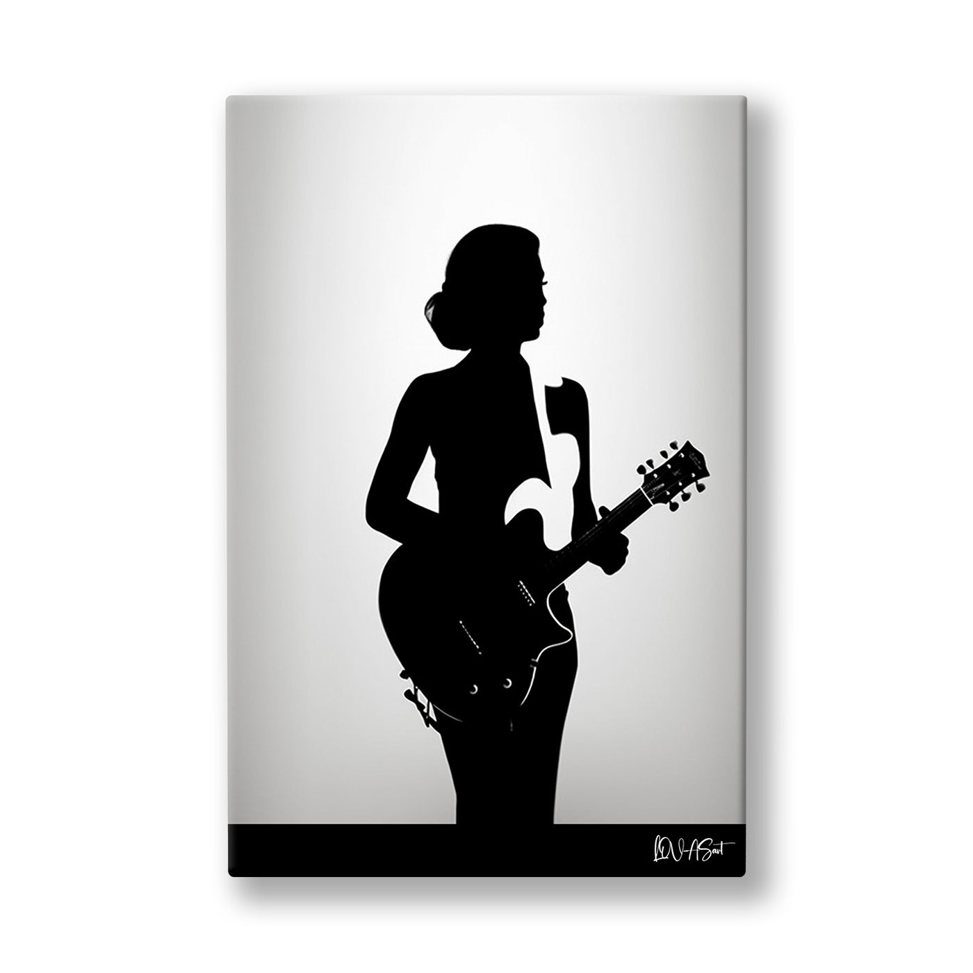 Gitarist Silueti kanvas tablo — Beyaz zeminde gitarını çalan bir kadının siyah silueti yükseliyor.