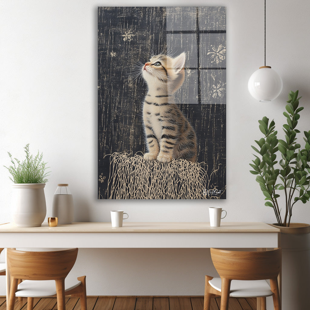 Göğe Bakan Kedi cam tablo — iç mekân uygulama örneği