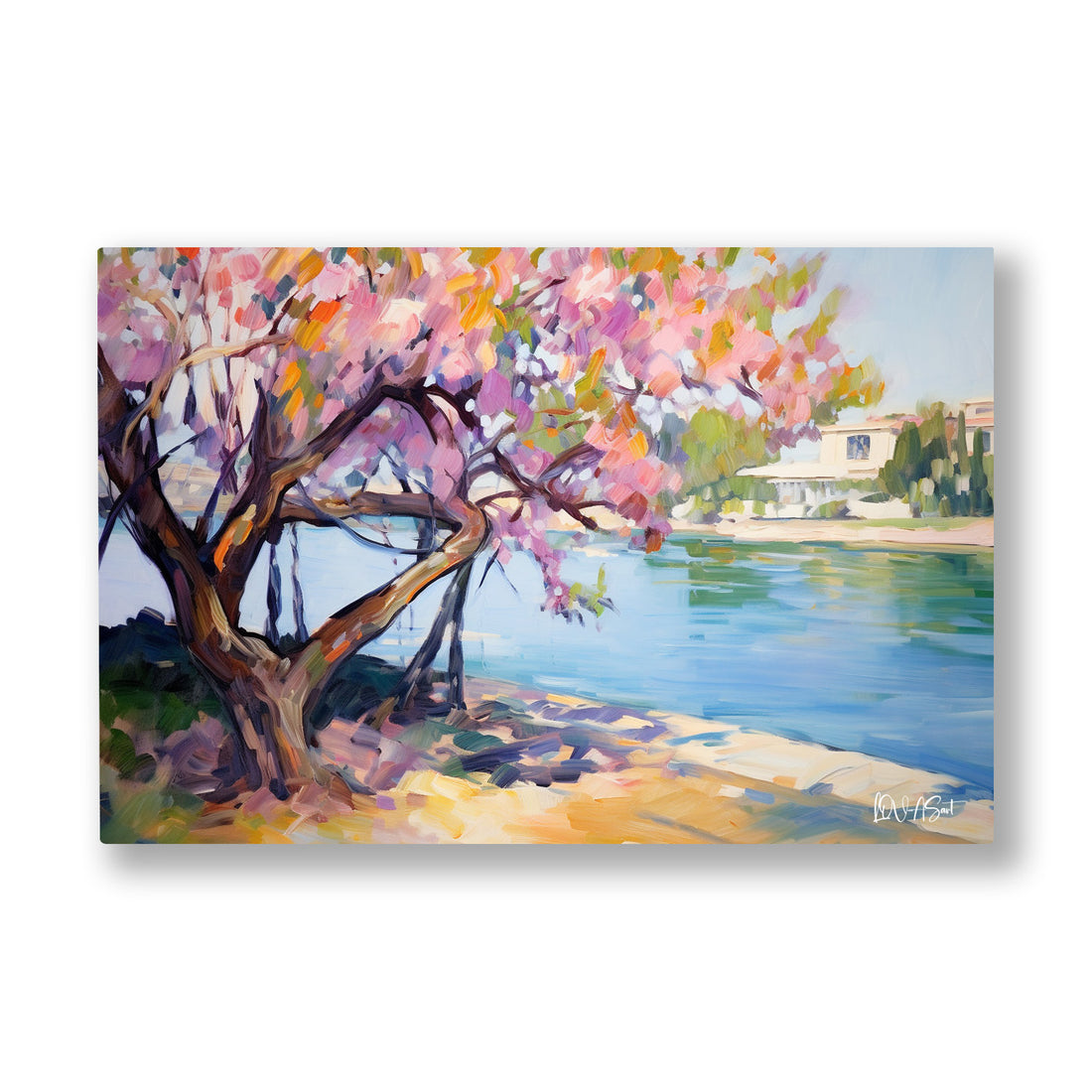 Göl Kenarında Sakura kanvas tablo — Pembe sakura dalları göl kıyısındaki beyaz villanın üstüne eğiliyor.