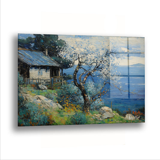 Göl Kıyısı Bahar Evi cam tablo — Kışı atlatmış ahşap bir kulübenin önünde bahar açmaya başlamış bile.