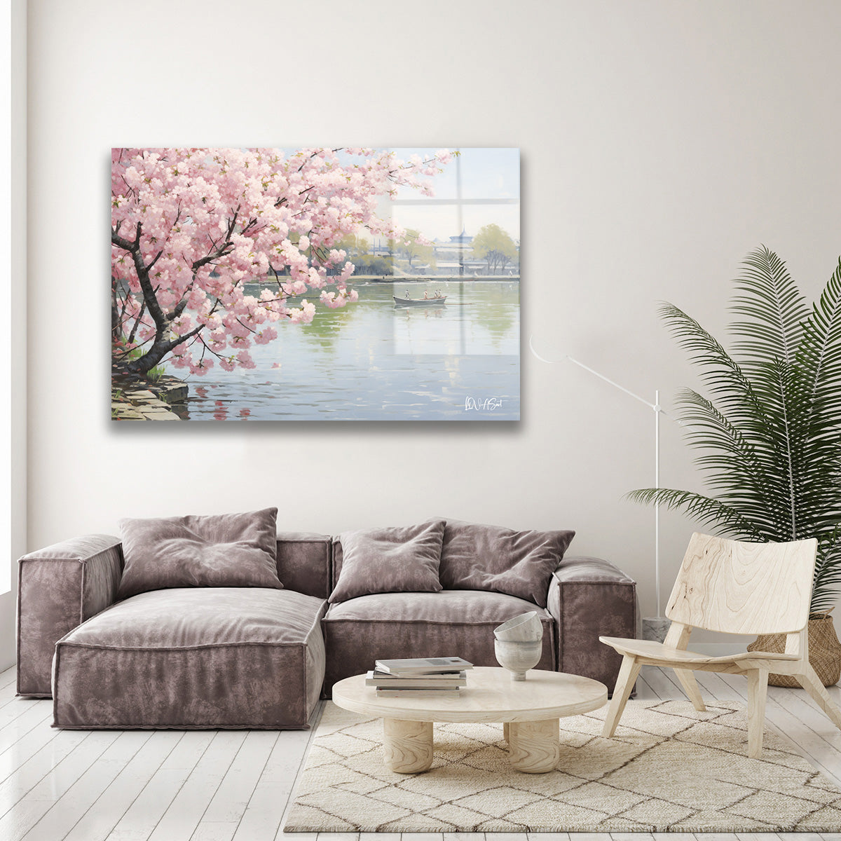 Göl Kıyısı Sakura cam tablo — duvarda dekorasyon görünümü