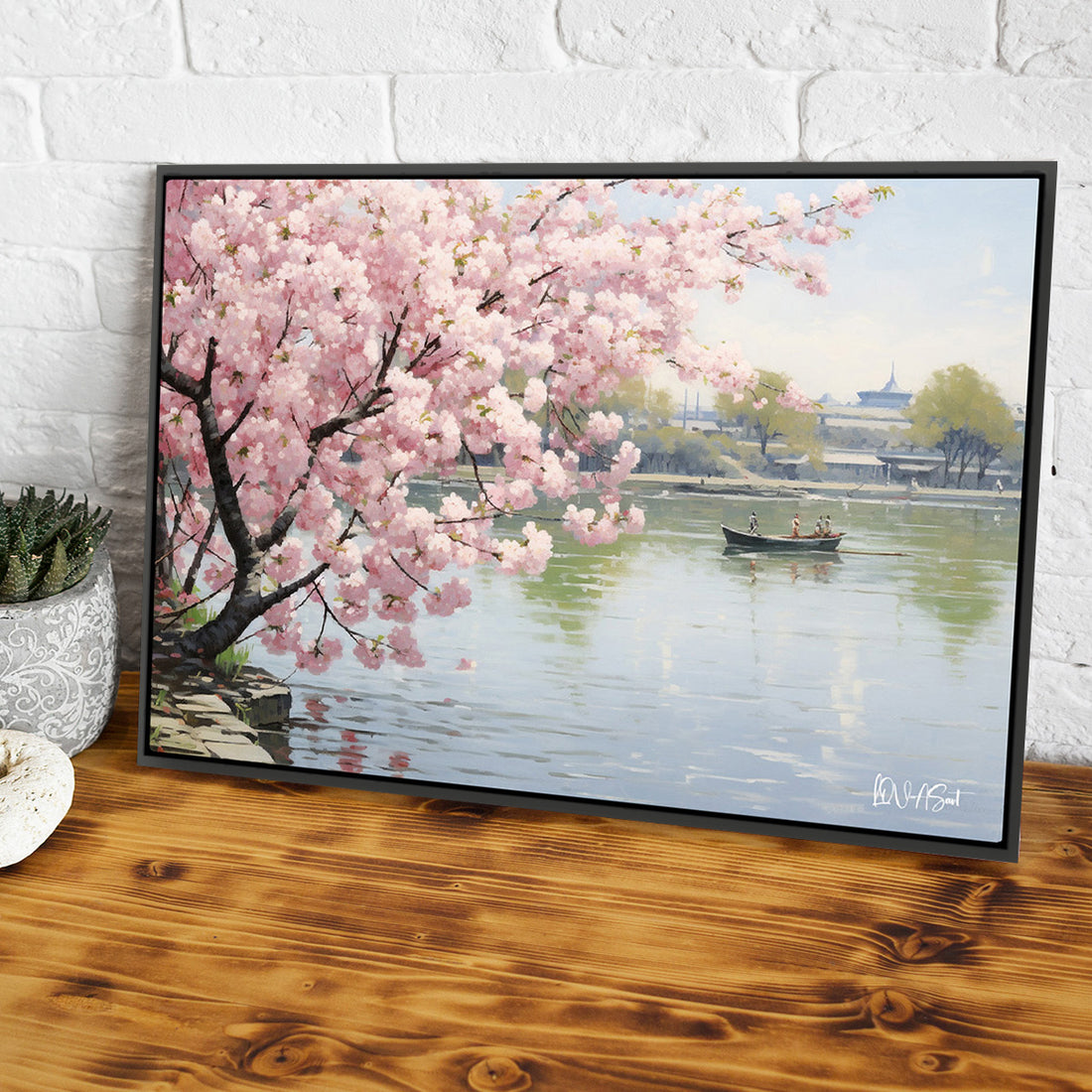Göl Kıyısı Sakura - Kalın Metal Çerçeveli Kanvas Tablo