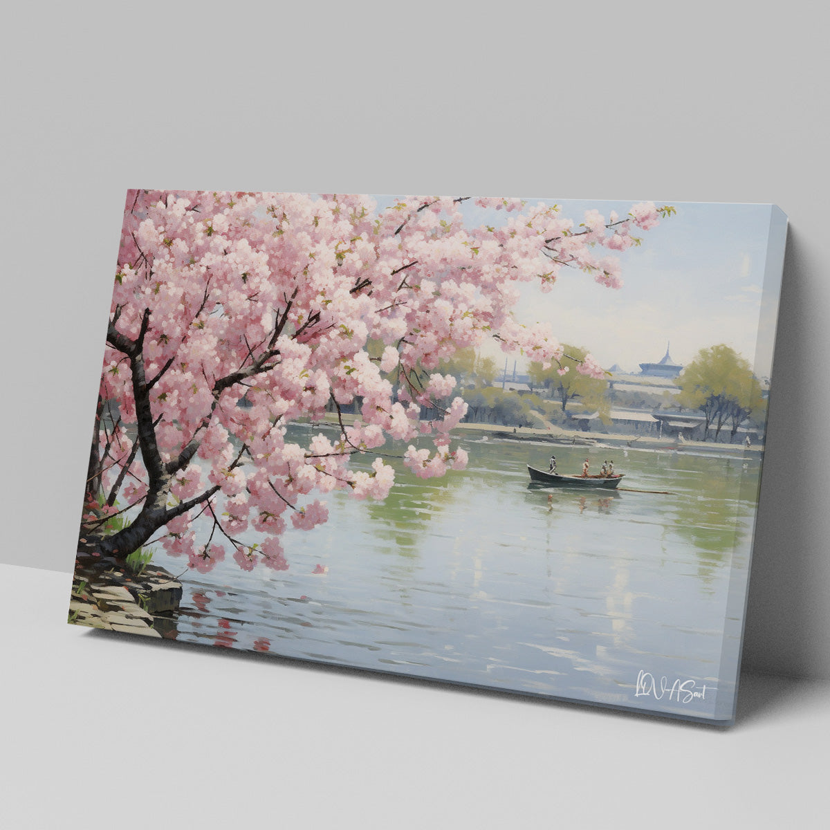 Göl Kıyısı Sakura kanvas tablo — duvarda dekorasyon görünümü