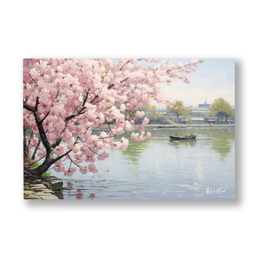Göl Kıyısı Sakura kanvas tablo — Pembe kiraz dalları puslu gölün üstüne çiçek çiçek sarkıyor.