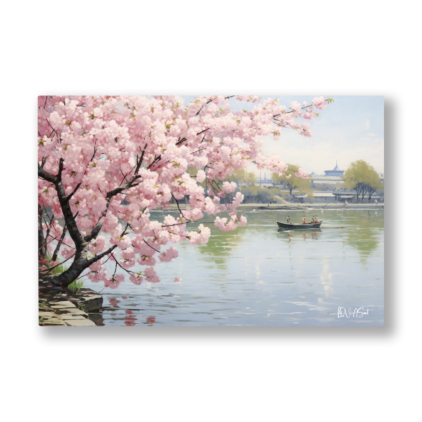 Göl Kıyısı Sakura kanvas tablo — Pembe kiraz dalları puslu gölün üstüne çiçek çiçek sarkıyor.
