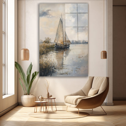 Göl Kıyısında Yelkenli cam tablo — duvarda dekorasyon görünümü