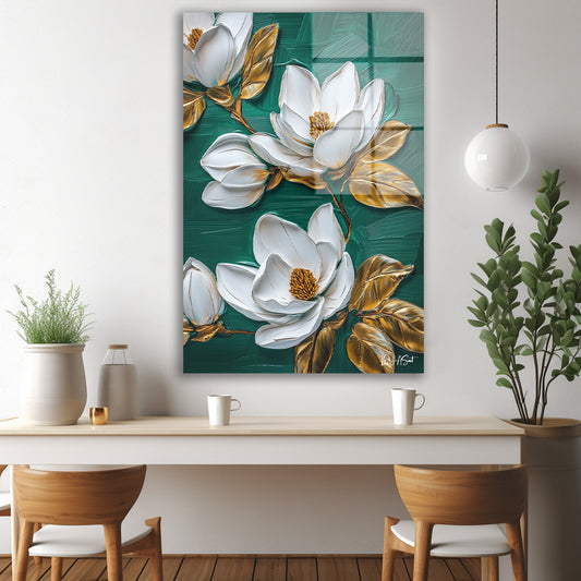 Gold Magnolia Çiçeği cam tablo — iç mekân uygulama örneği