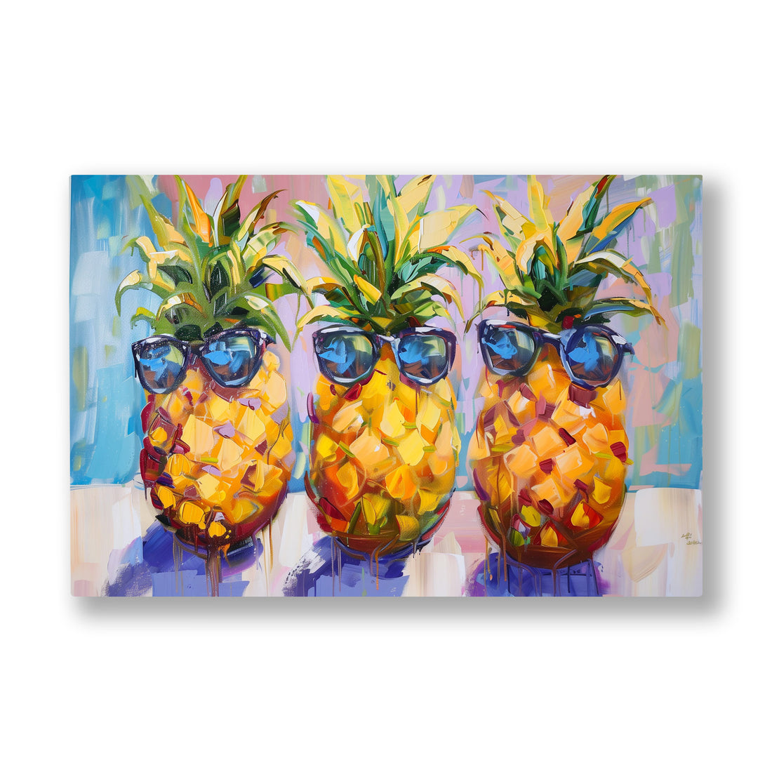 Gözlüklü Ananaslar kanvas tablo — Pastel bir zeminde gözlüklerini takıp poz veren üç sarı ananas.