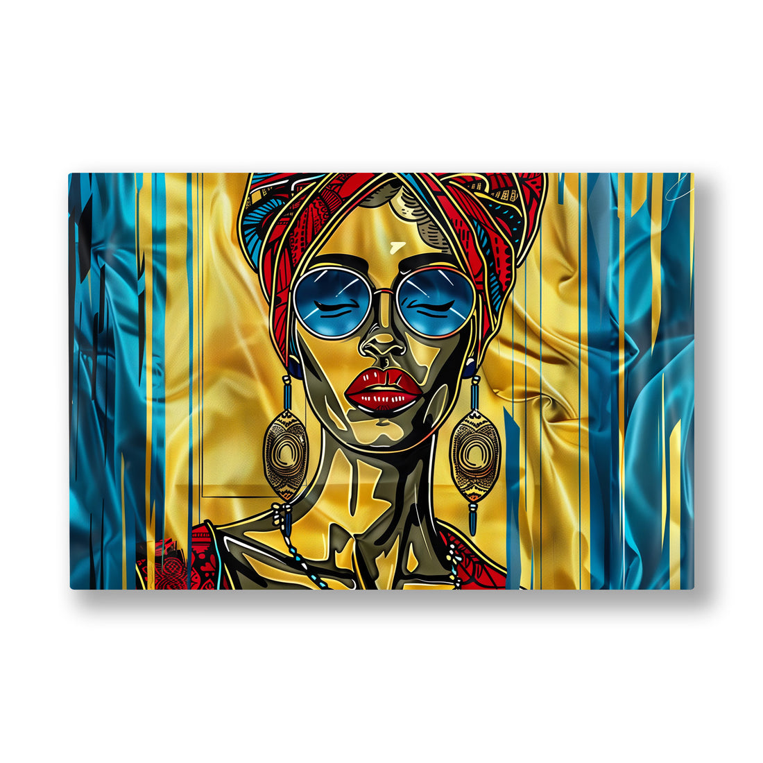Gözlüklü Pop Kadın kanvas tablo — Sarı ve mavi çizgilerin arasından bakan gözlüklü pop art kadını.
