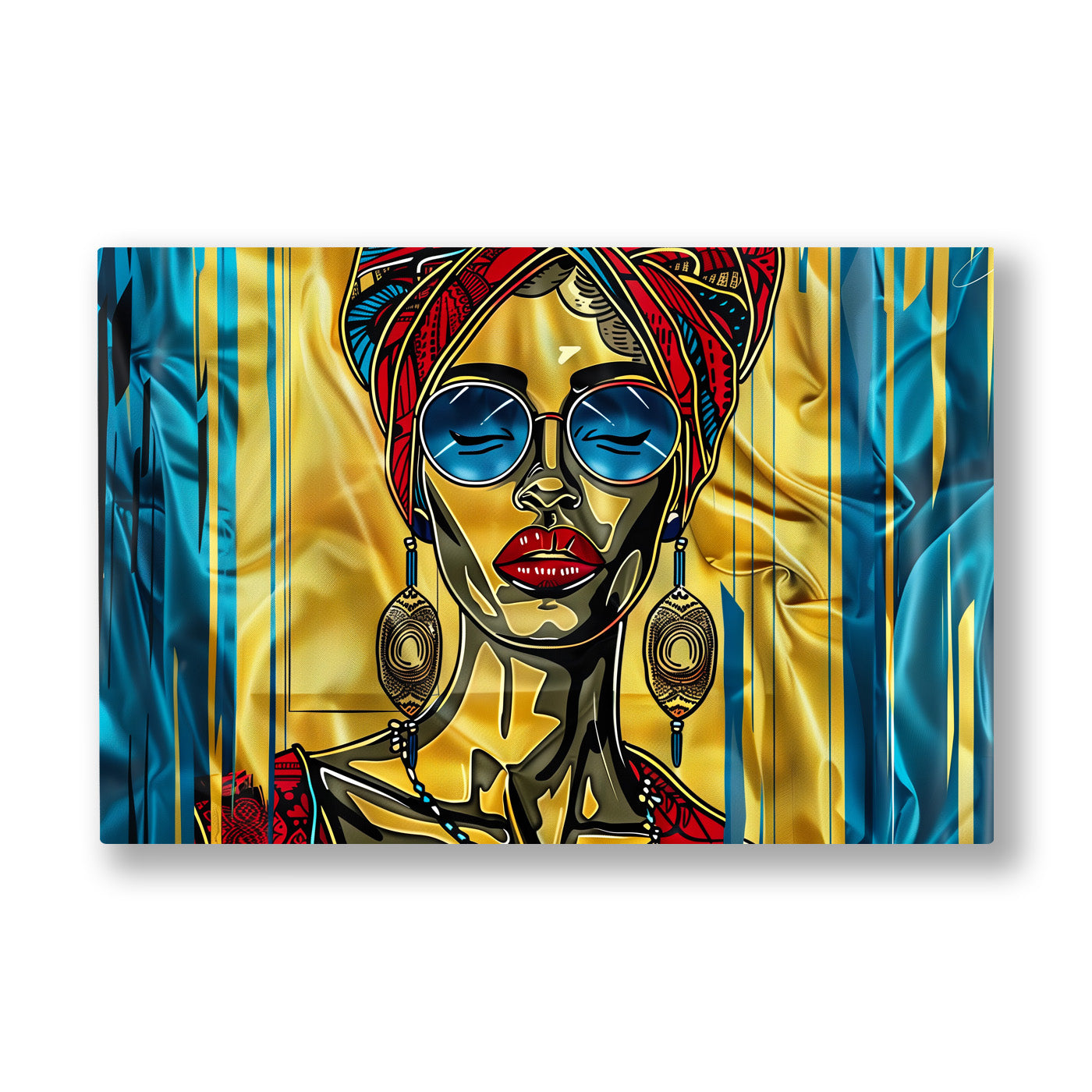 Gözlüklü Pop Kadın kanvas tablo — Sarı ve mavi çizgilerin arasından bakan gözlüklü pop art kadını.