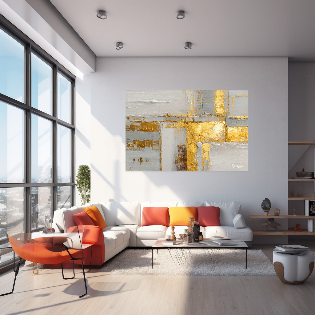 Gri Altın Geometri kanvas tablo — iç mekân uygulama örneği