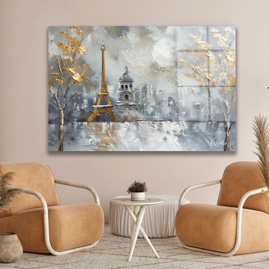 Gri Altın Paris cam tablo — duvarda dekorasyon görünümü