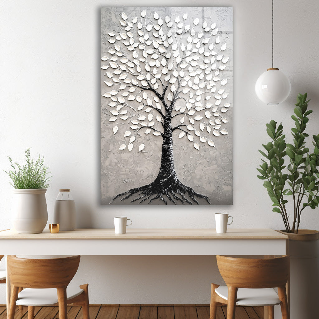 Gri Beyaz Ağaç cam tablo — iç mekân uygulama örneği