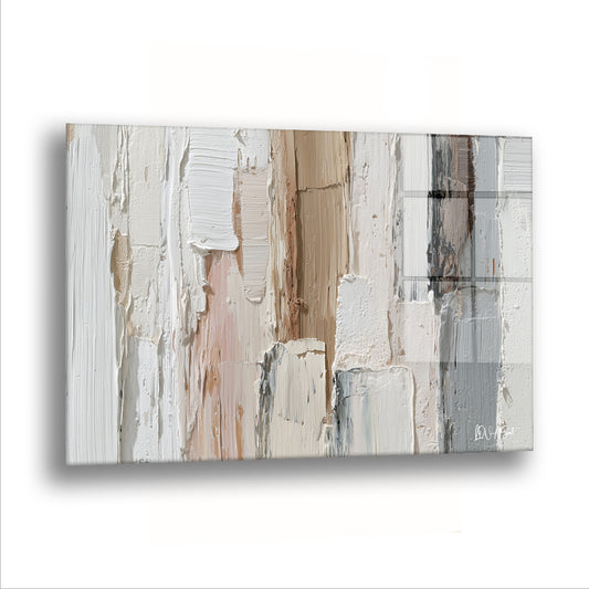Gri Beyaz Kabartma Şeritler cam tablo — Yan yana dizilmiş dikey şeritler, eski bir ahşap kapı gibi yukarıdan aşağıya iniyor.