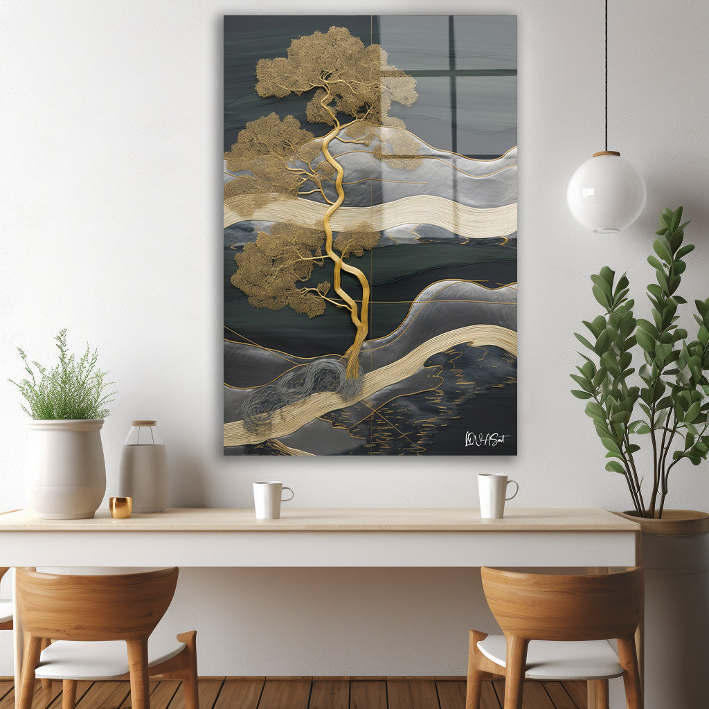 Gri Bonsai Manzarası cam tablo — iç mekân uygulama örneği